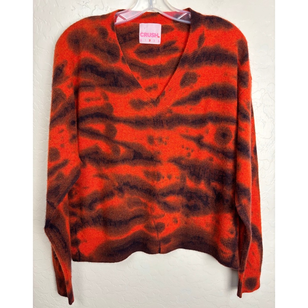 Crush Cashmere Orange Brown Tiger Stripe Animal Print V-Neck Sweater 2/XL 2333
